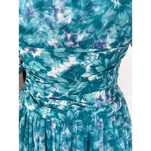 Vintage 1950d Floral  Blue Dress With Puff Sleeves Tulle Puff Skirt Sz Small - Picture 10 of 16